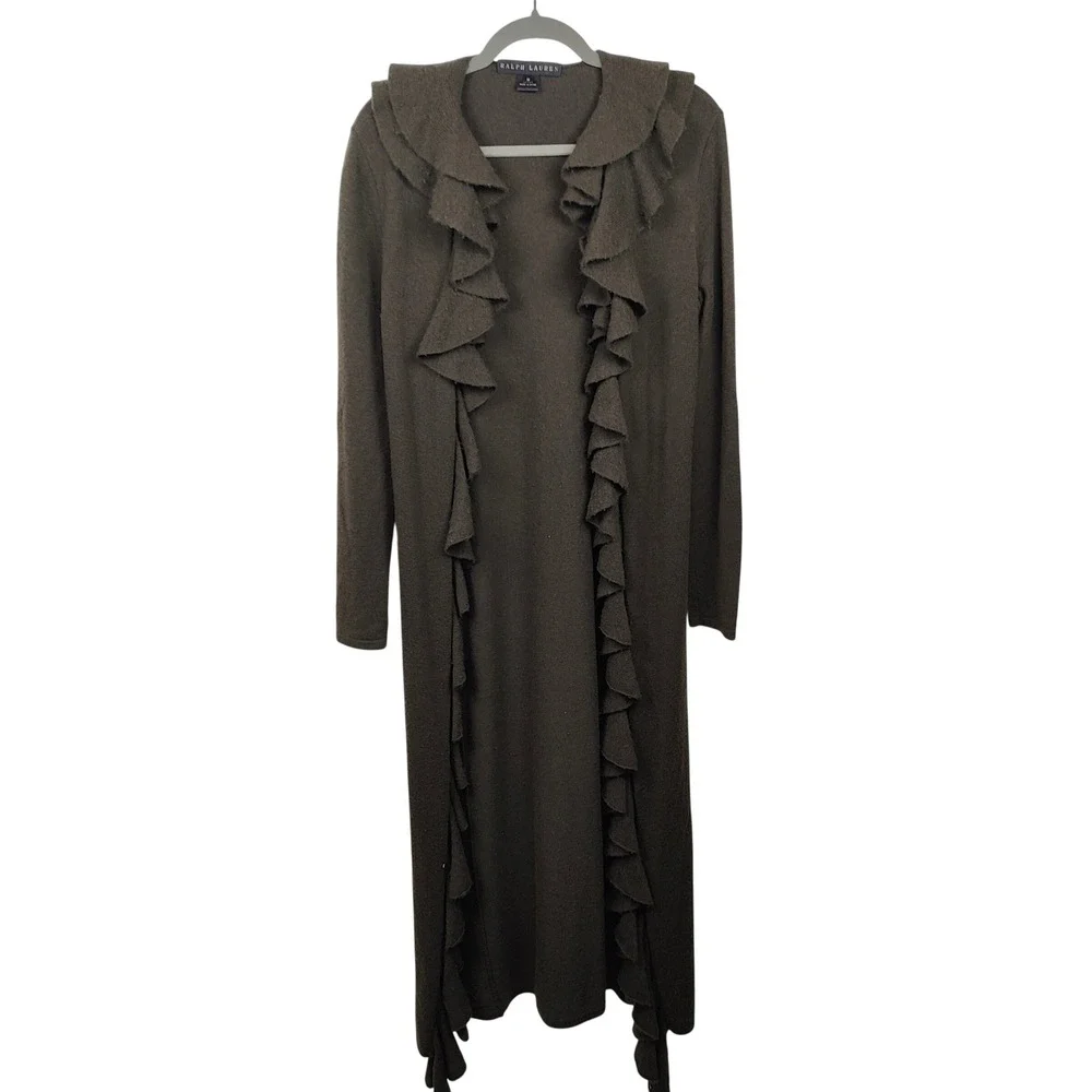 Ralph Lauren Black Label Cashmere Ruffle Duster Cardigan Womens Medium FLAWED - Picture 2 of 13